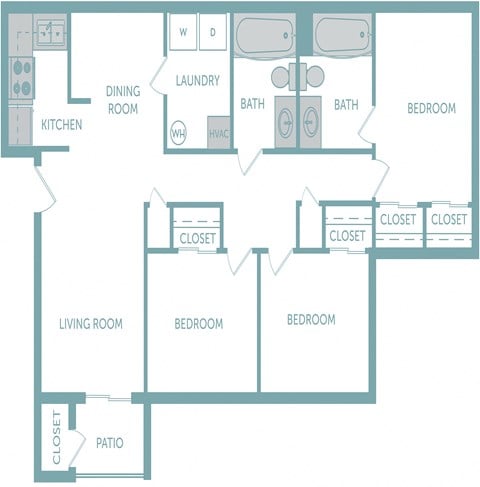 Floor plan for 3 beds, 2 baths, 1020 sqft